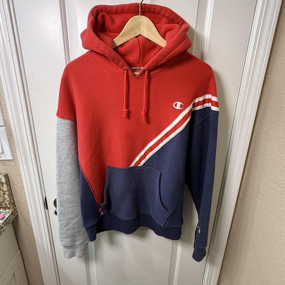 Champion Reverse Weave Hoodie Mens L Red Navy Gray Colorblock WL232 39U